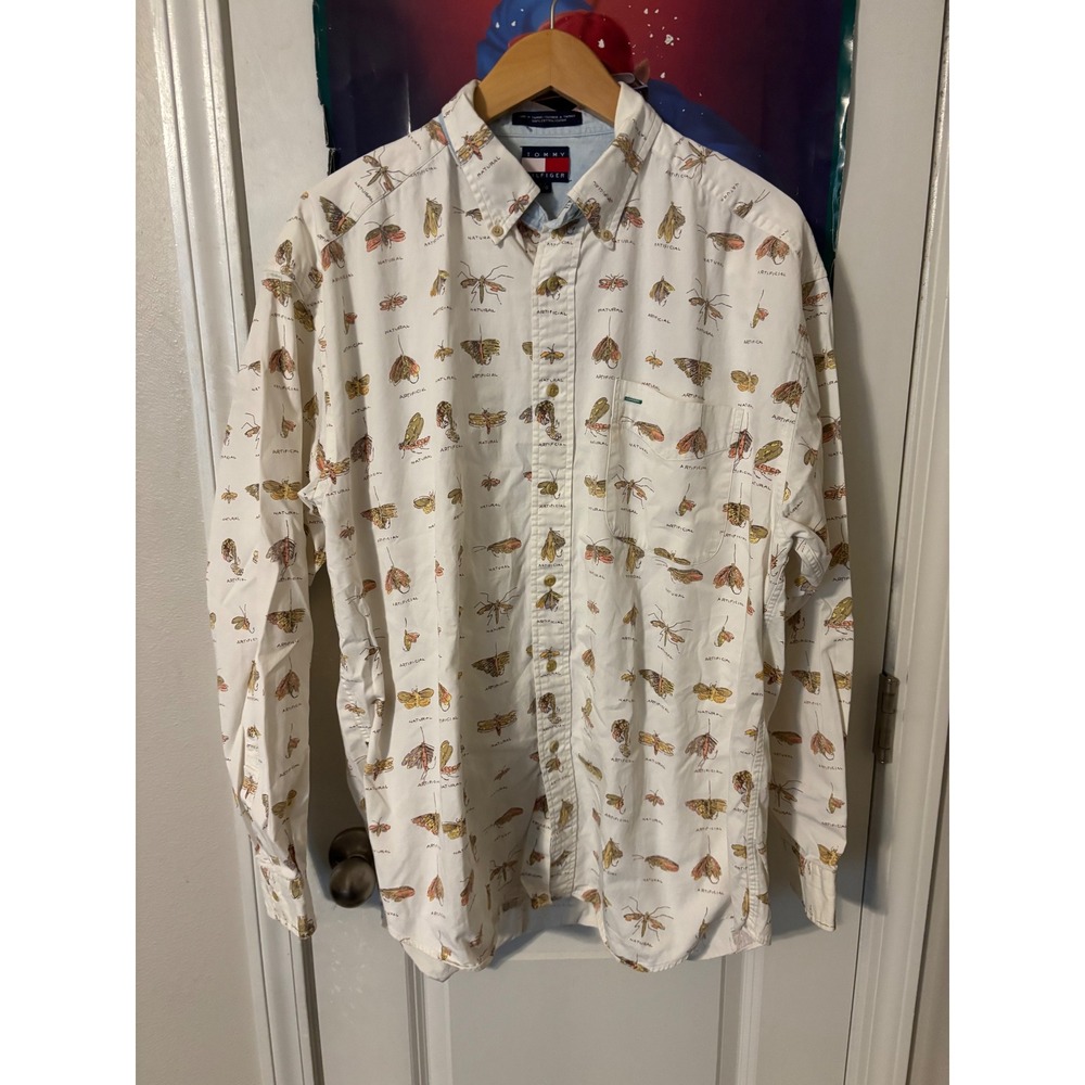 Vintage Tommy Hilfiger Fly Fishing Lure Print Shirt Mens Large Cream Cotton L/S